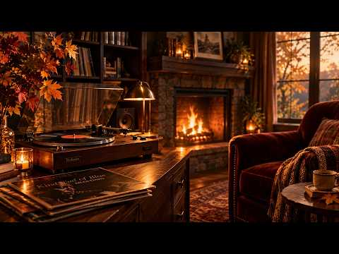 (NO ADS) October Fireplace Jazz🍂Cozy Crackling Fire & Autumn Leaves | Relaxing Smooth Jazz for Study