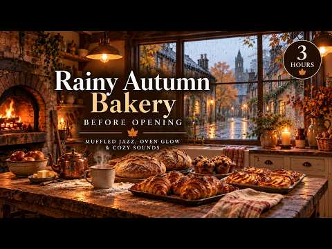 Rainy Autumn Bakery Before Opening 🍂 Muffled Jazz, Rain & Cozy Bakery Sounds | 3 Hours