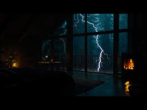Rain Pours Outside a Forest Cabin ⛈️Rain Sounds and Fireplace for Studying Deep Focus &amp; Study