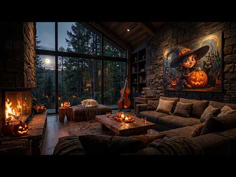 Cozy Halloween Jazz | Warm Autumn Cabin Ambience & Glowing Fireplace | Slow Instrumental Music