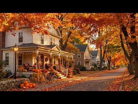 Golden Autumn Jazz in a New England Town🍁Warm Jazz, Cozy Streets & Falling Leaves for Peaceful Days