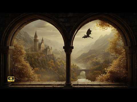 Dragonfall Castle 🏰🍂 | Fantasy Window Ambience, Rain & Medieval Fantasy Music