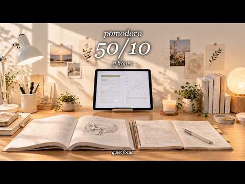 Pomodoro 50/10 📚 2-Hour Study Lofi at a Sunny Desk | Quiet Study Room