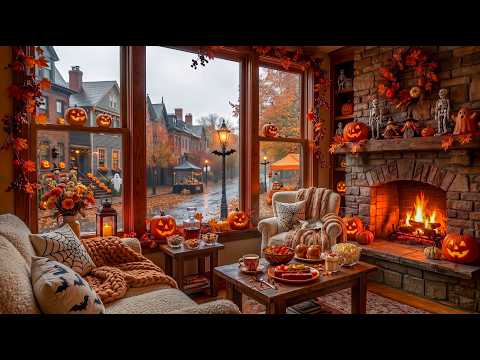 Halloween Morning Jazz 🎃 Rainy Street from the Window &amp; Fireplace Jazz Music