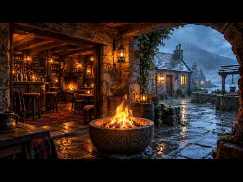 Cozy Scottish Tavern Ambience 🔥🌧️ Thunderstorm, Celtic Folk Music & Rain for Sleep & Study