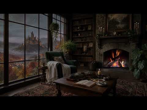 Cozy Rainy Day and Night by the Fireplace | Castle View Ambience