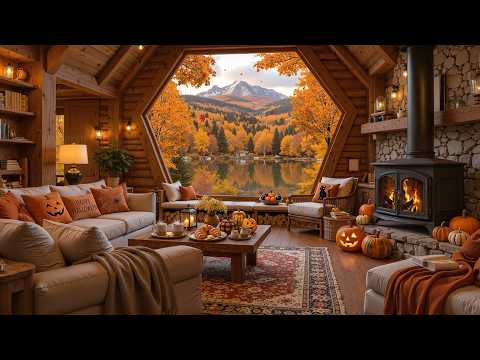 Halloween Jazz by the Lake 🎃 Fall Cabin, Fireplace & Relaxing Autumn Jazz Music to Sleep, Study