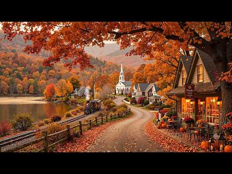 Walking Into a Peaceful New England Village & Scenic Train🍂Warm Autumn Jazz & Falling Leaves To Calm