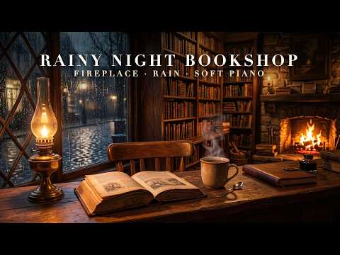 Rainy Night Bookshop 📚 Cozy Fireplace & Rain Sounds with Soft Piano for Study & Sleep | 30 Min