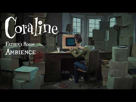 Coraline Father's Computer Room Ambience | Cozy Autumn Rain White Noise from Inside | Calm Music
