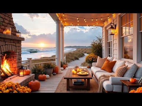 Autumn Seaside Porch at a Beach Cottage 🌊🔥 Ocean Waves, Birdsong & Crackling Fire for Deep Sleep