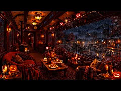 Inside a Cozy Halloween Train on Rainy Night 🎃 Warm Autumn Jazz & Calm Moments for Relaxation, Sleep