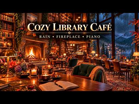 Cozy Library Café ☕📚 | Rain, Fireplace & Piano for Studying & Focus