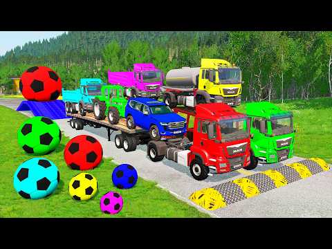 Flatbed Trailer McQueen Transportation with Truck - Speedbumps vs Cars vs Train - BeamNG.Drive #98