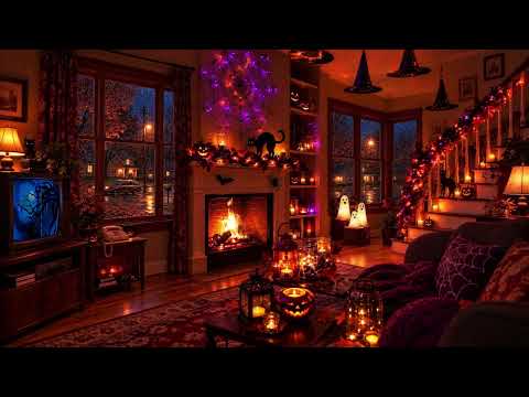 NO ADS 🎃 Warm Autumn Halloween Night at 90s Living Room 🎃 | Rain Sounds & Cozy Fireplace Ambience