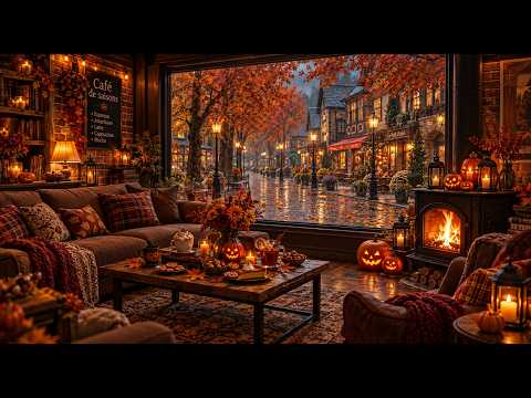 Cozy Halloween Café 🎃 Rainy Autumn Streets & Fireplace Glow for Relaxation