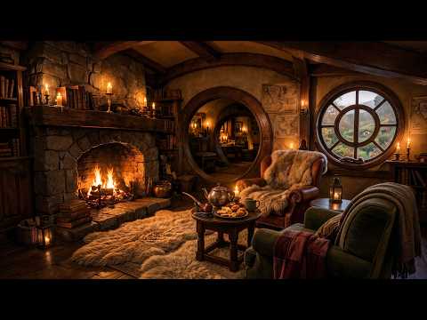 Cozy Hobbit House Ambience | Fireplace Crackling & Rain Sounds for Relaxation, Study & Sleep