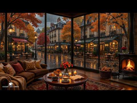 Cozy Rainy Autumn Café | Smooth Jazz Melodies & Crackling Fireplace For Deep Relaxation