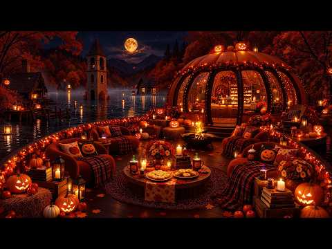 Lost in a Glowing Pumpkin Café on Halloween Night 🎃 Warm Fall Jazz & Crackling Fire for Relaxation