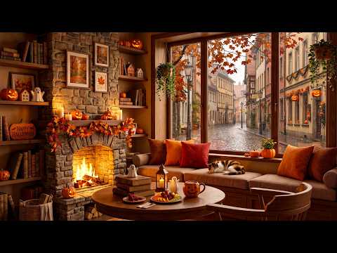 Halloween Morning Jazz 🎃 Rainy Street by the Window & Fireplace Jazz Music