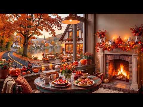 Lakeside Street Jazz at Dusk 🎃 Rainy Window, Halloween Night & Fireplace Jazz