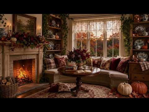 🍂 Cozy Autumn Breakfast Nook with Fireplace Sounds 🔥 Relaxing Fall Cottage Ambience
