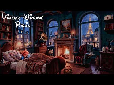 1950s Oldies on a Rainy Night in Paris | Cozy Fireplace & Vintage Radio