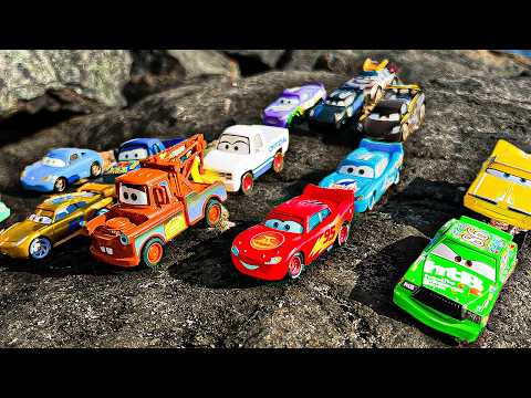 Disney Pixar Cars falling into deep pool, Lightning McQueen, Tow Mater, Mack, Sally, Francesco