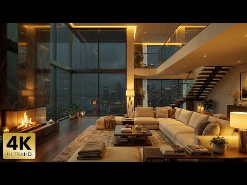 Rainy Night Luxury Duplex Jazz 🔥 Fireplace &amp; City Skyline for Deep Relaxation