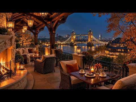 London Rainy Autumn Night Jazz 🍂 Cozy Fireplace Café Ambience & Relaxing Jazz Music to Unwind