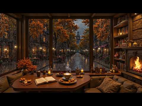 [NO ADS] Rainy Autumn Street Coffee Shop 🍂 Smooth Jazz Piano & Fireplace for Study & Focus