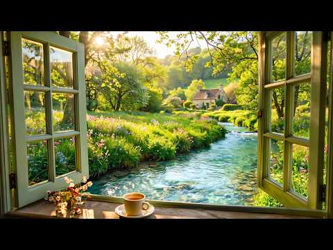 dreamy spring morning by the lake 🌿 birdsong, window ASMR ambience & flowing water for tea & study 🌻