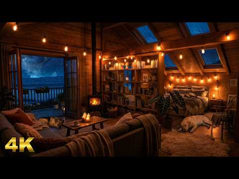 10 HOURS - Thunderstorm & Ocean Waves over a Cozy Cabin with Fireplace | Rain & Sleep Ambience