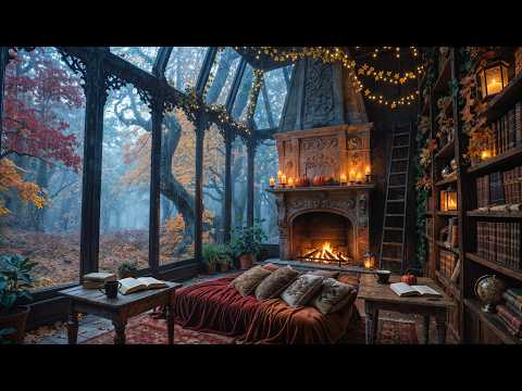 Where Autumn Lives Between the Books 🍁📖 Cozy Fireplace and Rain Ambience