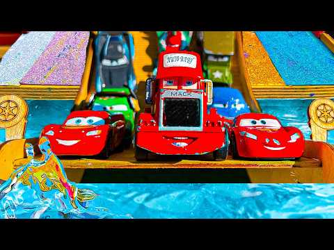 Disney Pixar Cars falling into deep pool, Lightning McQueen, Tow Mater, Mack, Sally, Francesco