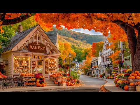 Cozy Autumn Bakery in a New England Village 🍂 Relaxing Jazz, Golden Leaves & Pumpkins for a Calm Day