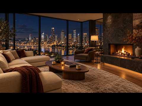 Smooth Jazz & City Lights 🌃 Warm Fireplace Ambiance | Live SYMusic
