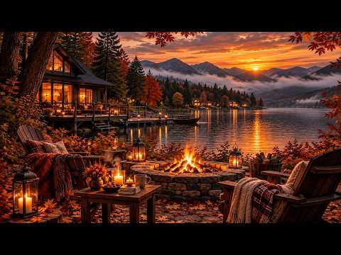 (NO MID-ROLL ADS) Peaceful Jazz by the Autumn Lake ☕ Golden Forest, Warm Firelight & Quiet Moments