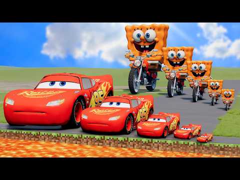 Big &amp; Small Lightning McQueen &amp; SpongeBob vs Giant Lava Pit 🔥 | BeamNG.Drive