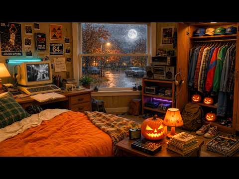 🍂 Cozy Fall in a 1980s Bedroom 📺🌧️ | Rainy Night Ambience & Lofi Music for Study, Focus & Relax