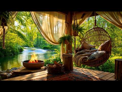 Riverside Hammock Porch Retreat | Gentle River Flow, Campfire & Birds Nature Sounds Ambience