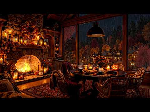 Cozy Autumn Jazz for Deep Sleep 🍂 Pumpkin Glow, Cozy Window & Crackling Fireplace