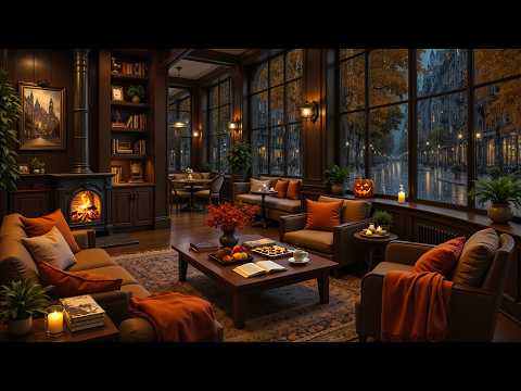 Autumn Coffee Shop on a Rainy Day 🍁 Soft Jazz & Fireplace Ambience for Work, Study and Relaxing