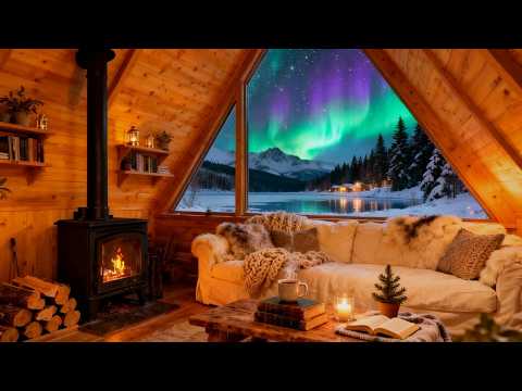 🌌 Cozy A-Frame Cabin Under the Northern Lights | Fireplace &amp; Soft Piano for Reading (3 Hours)