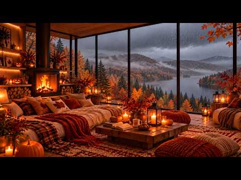 🌧️ Rainy Autumn Jazz Above the Lake 🍁 Cozy Fireplace Ambience for Relax, Focus & Sleep
