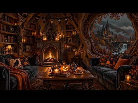 A Cozy Reading Room Inside a Hollow Tree Trunk Overlooking a Misty Castle | Dark Academia Playlist