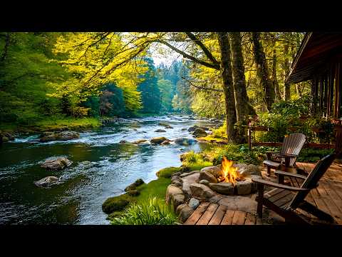Spring Morning by the Riverside Cabin - Soft Fire Crackles, Birds Chirping & Peaceful Nature Sounds