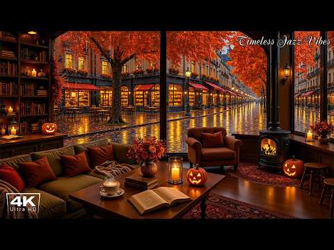 Escape to a Rainy Coffeehouse Jazz | Pumpkin Glow, Warm Fireplace & Soft Piano Music for Work, Study