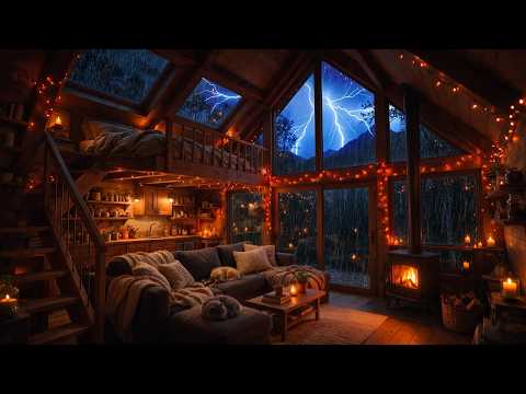 Cozy A-Frame Cabin Thunderstorm ⛈️ Heavy Rain & Crackling Fireplace for Sleep