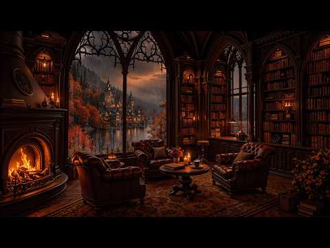 Cozy Autumn Night of Books, Rain & Firelight | Gothic Library Ambience | Warm Dark Academia Piano